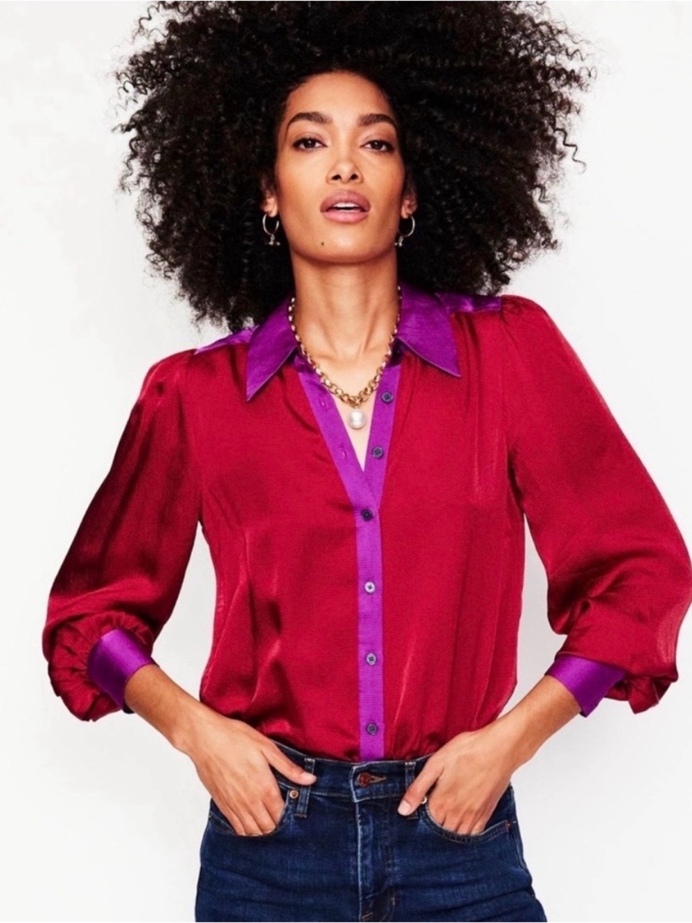 Boden Hammered Satin Party Blouse Red Button-Down Shirt with Purple Trim